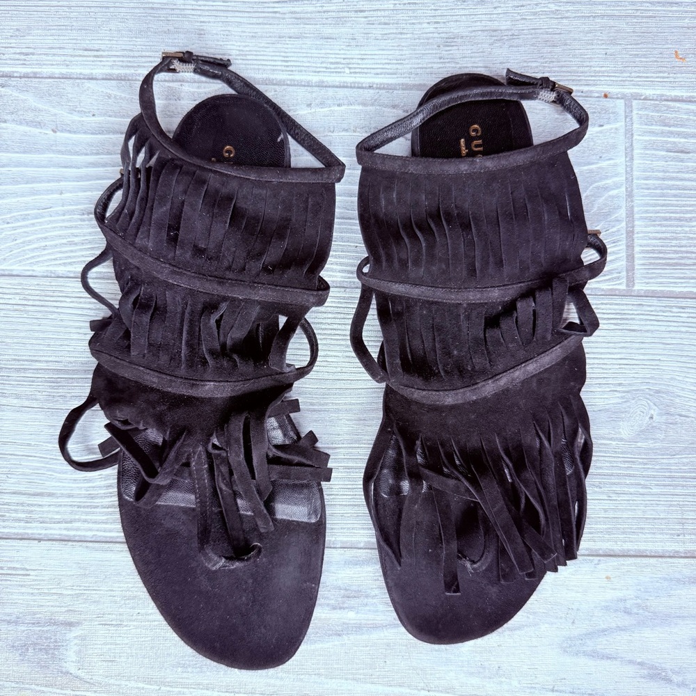 New Authentic Gucci Becky Suede Fringe Flat Thong Sandals ankle buckle gladiator